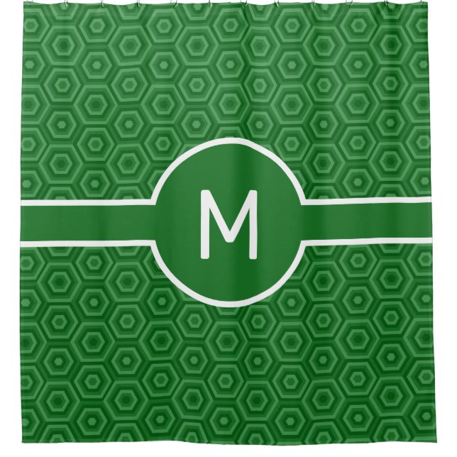 Green Hexagons with Central Monogram Geometric Shower Curtain (Front)