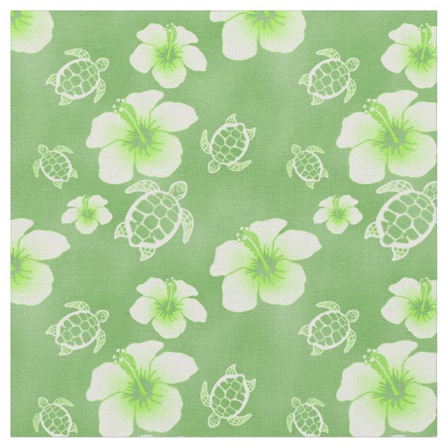Green Hibiscus Honu Hawaiian Fabric (Close Up)
