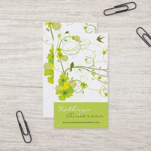 Elegant Green Hibiscus Floral Swirl Swallows Birds Business Card Templates