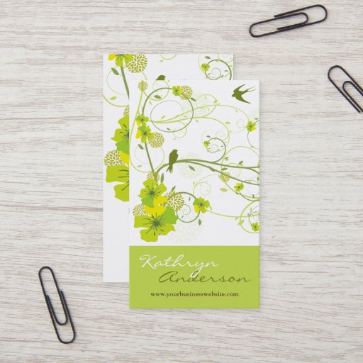 Customizable Elegant Green Hibiscus Floral Swirl Swallows Birds Business Card Templates
