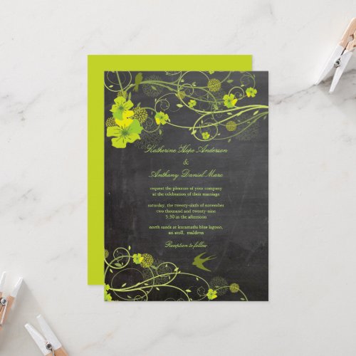 Green Hibiscus Swallows Floral Chalkboard Wedding Invitation