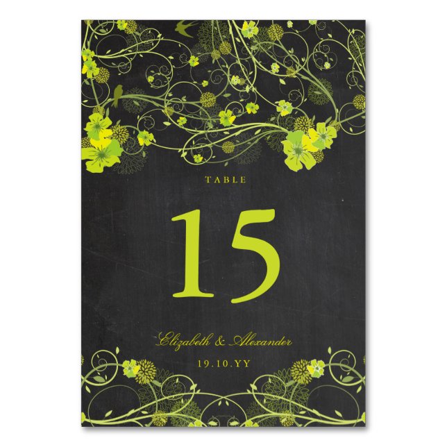 Green Hibiscus Swallows Floral Chalkboard Wedding Table Number (Front)