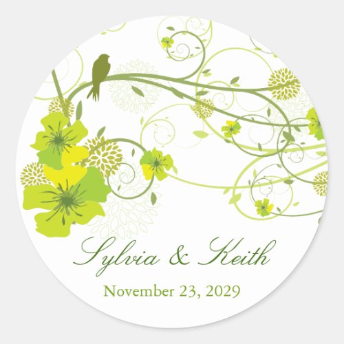 Green Hibiscus Swirls  Swallows Floral Wedding Classic Round Sticker