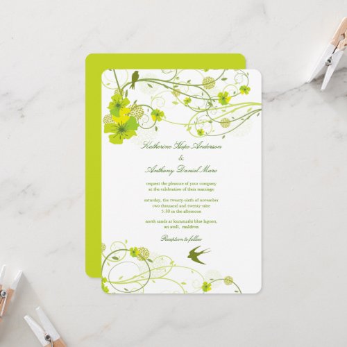 Green Hibiscus Swirls  Swallows Floral Wedding Invitation