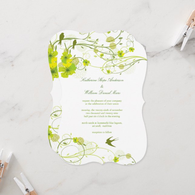 Green Hibiscus Swirls & Swallows Floral Wedding Invitation (Front/Back In Situ)