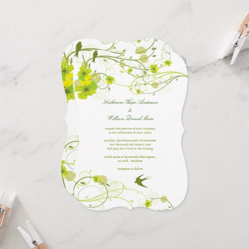 Green Hibiscus Swirls  Swallows Floral Wedding Invitation