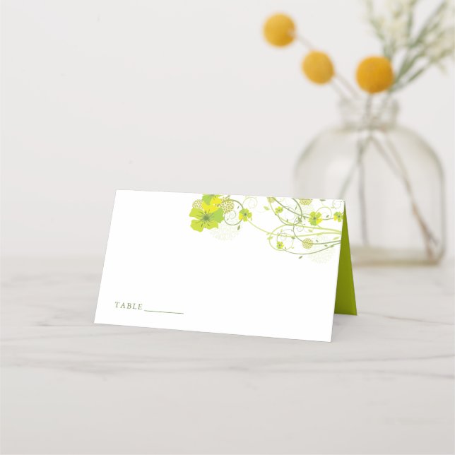 Green Hibiscus Swirls & Swallows Floral Wedding Place Card (Front)