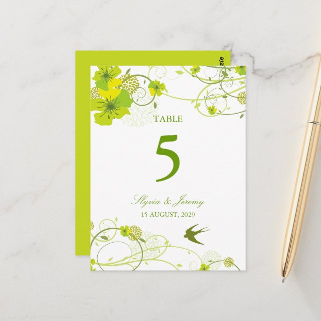 Green Hibiscus Swirls & Swallows Floral Wedding Postcard (Front/Back In Situ)