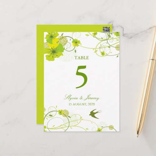 Green Hibiscus Swirls  Swallows Floral Wedding Postcard