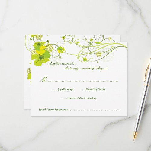 Green Hibiscus Swirls  Swallows Floral Wedding RSVP Card