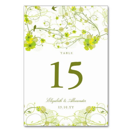 Green Hibiscus Swirls  Swallows Floral Wedding Table Number