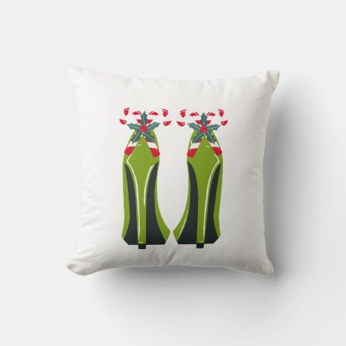 Green High Heels with Candy Canes Throw Pillow