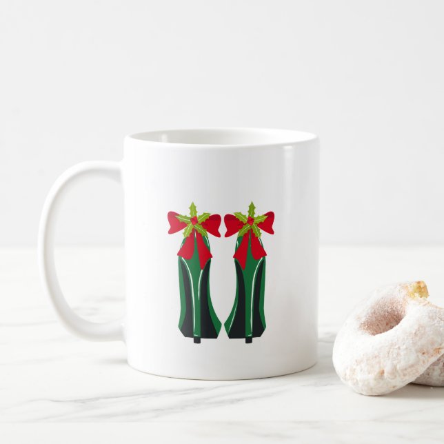 Green High Heels with Christmas Bows Coffee Mug (With Donut)