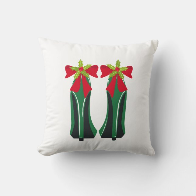 Green High Heels with Christmas Bows Throw Pillow (Front)