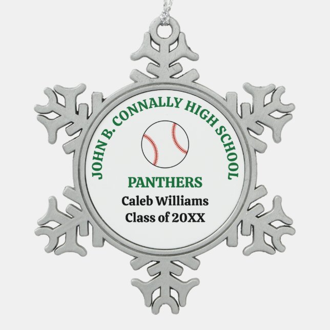 Green High School Baseball Player Personalized Snowflake Pewter Christmas Ornament (Front)