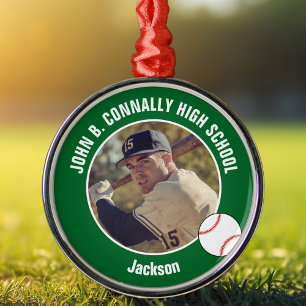 Green High School Baseball Player Photo Christmas Metal Ornament