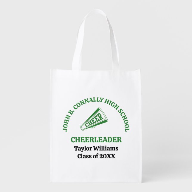 Green High School Cheerleader Personalized Grocery Bag (Front)