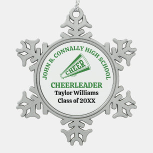 Green High School Cheerleader Personalized Snowflake Pewter Christmas Ornament
