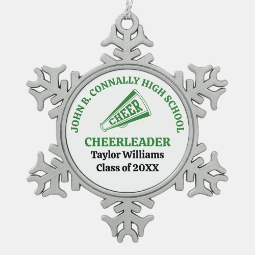 Green High School Cheerleader Personalized Snowflake Pewter Christmas Ornament
