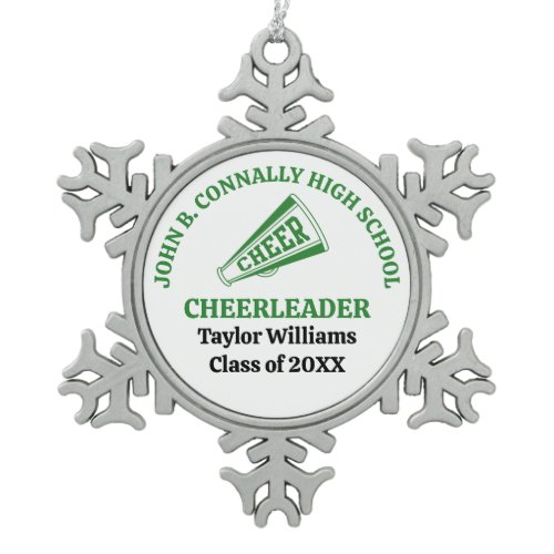 Green High School Cheerleader Personalized Snowflake Pewter Christmas Ornament
