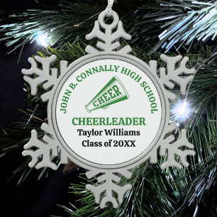 Green High School Cheerleader Personalized Snowflake Pewter Christmas Ornament