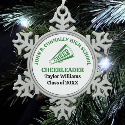 Green High School Cheerleader Personalized Snowflake Pewter Christmas Ornament