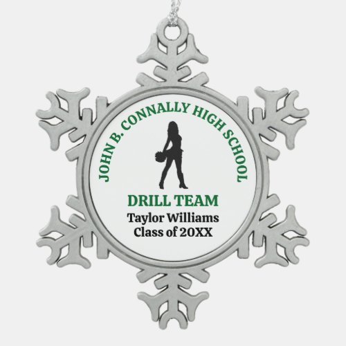 Green High School Drill Team Dancer Personalized Snowflake Pewter Christmas Ornament