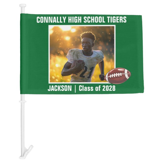 Green High School Football Player Photo Car Flag (Front)