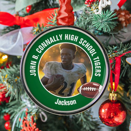 Green High School Football Player Photo Christmas Metal Ornament