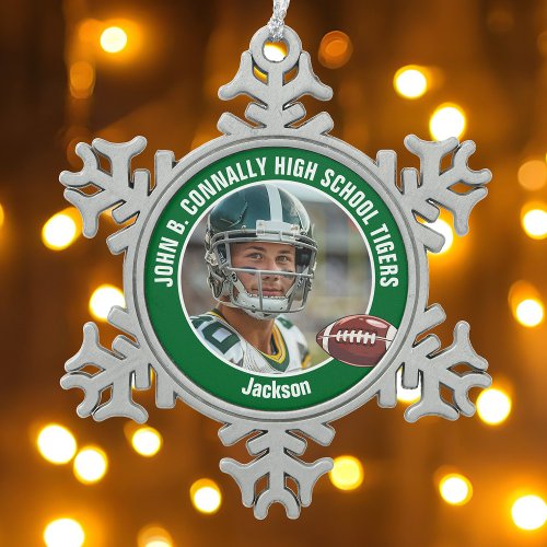 Green High School Football Player Photo Custom Snowflake Pewter Christmas Ornament