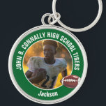 Green High School Football Player Photo Keychain<br><div class="desc">This cool customized green high school football player photo keychain features white typography of your team and player name. Personalize with your athlete name next to the ball.</div>