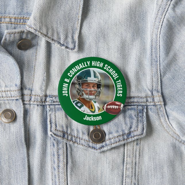 Green High School Football Player Photo Large Brag Button (In Situ)
