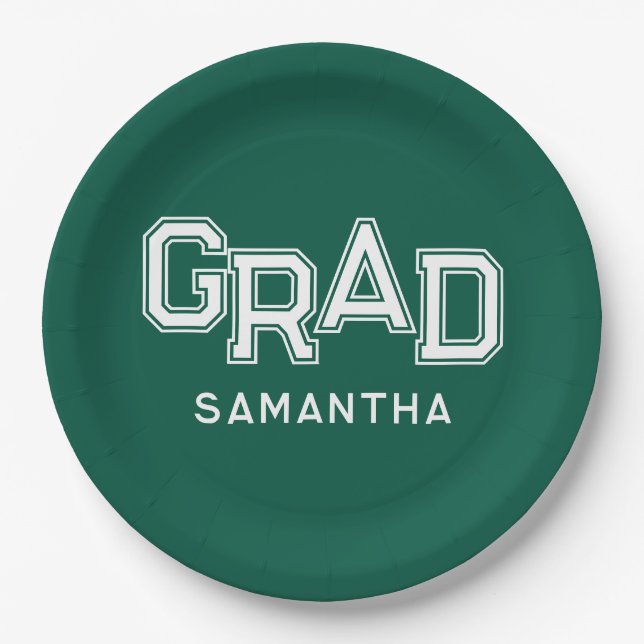Green High School Grad Custom Name Graduation Paper Plates (Front)
