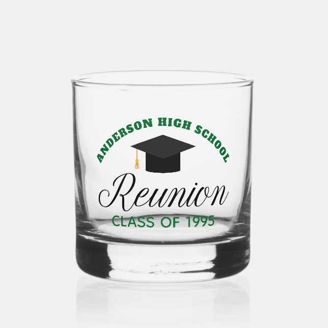 Green High School Reunion Party Custom Alumni Whiskey Glass (Front)
