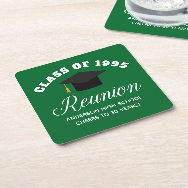 Green High School Reunion Personalized Party Square Paper Coaster (Angled)