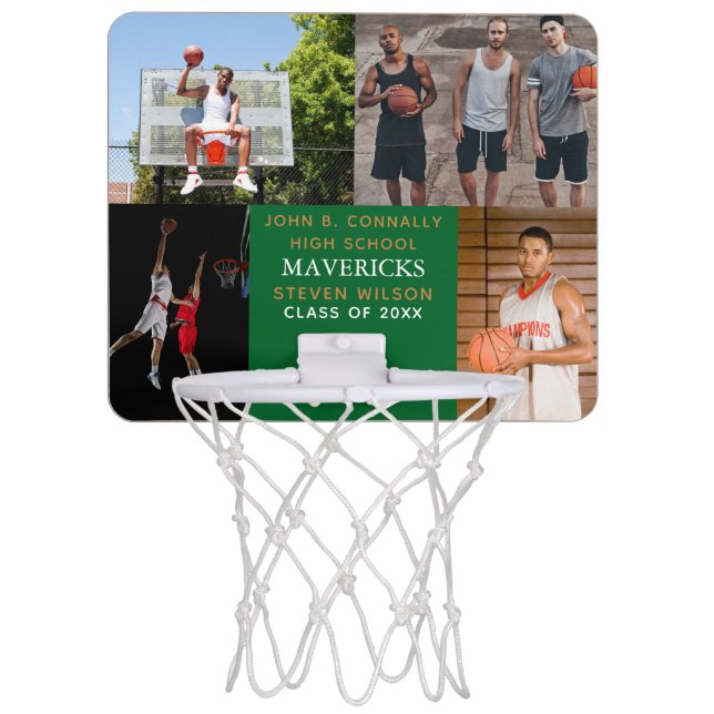 Green High School Senior 4 Photo Cool Personalized Mini Basketball Hoop (Front)