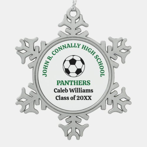 Green High School Soccer Team Personalized Snowflake Pewter Christmas Ornament