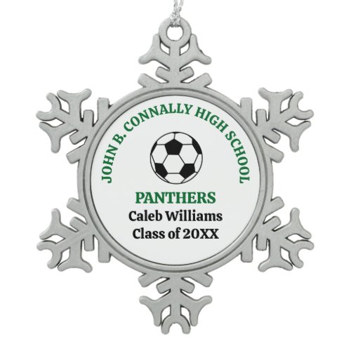 Green High School Soccer Team Personalized Snowflake Pewter Christmas Ornament