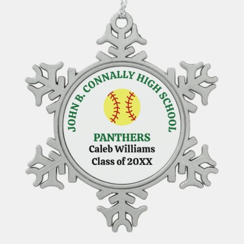Green High School Softball Player Personalized Snowflake Pewter Christmas Ornament