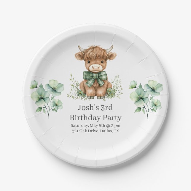 Green Highland Cow Birthday Party Paper Plates (Front)