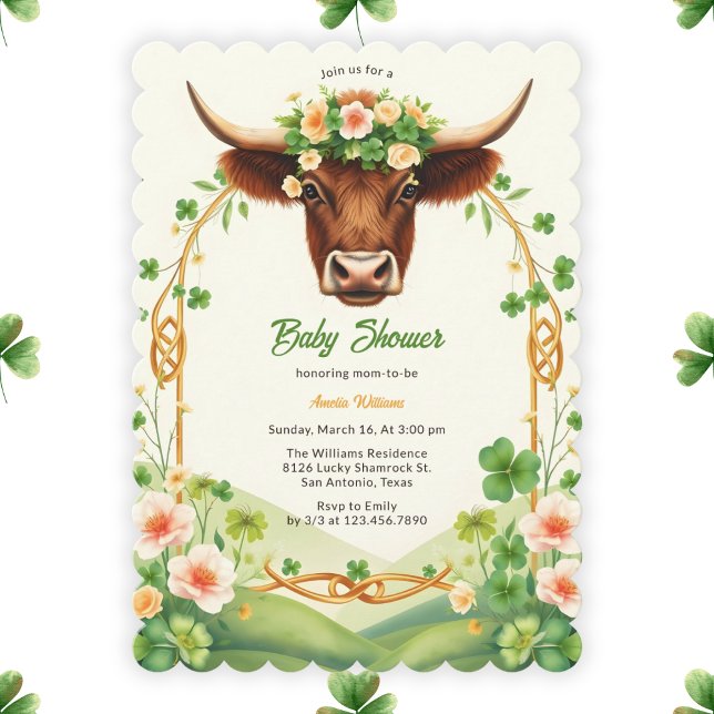 Green Highland Cow St Patricks Day Baby Shower Invitation (Green Highland Cow St. Patrick's Day Baby Shower Invitation)