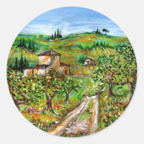 GREEN HILLS AND OLIVE TREES IN TUSCANY LANDSCAPE CLASSIC ROUND STICKER