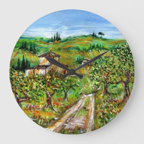 GREEN HILLS AND OLIVE TREES IN TUSCANY LANDSCAPE LARGE CLOCK
