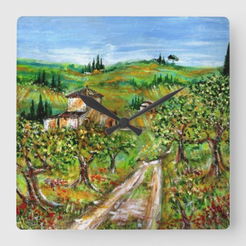 GREEN HILLS AND OLIVE TREES IN TUSCANY LANDSCAPE SQUARE WALL CLOCK