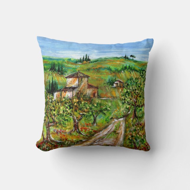 GREEN HILLS AND OLIVE TREES IN TUSCANY LANDSCAPE THROW PILLOW (Front)
