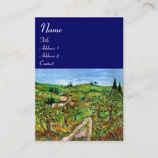 GREEN HILLS AND OLIVE TREES TUSCANY LANDSCAPE,Blue Business Card (Front)
