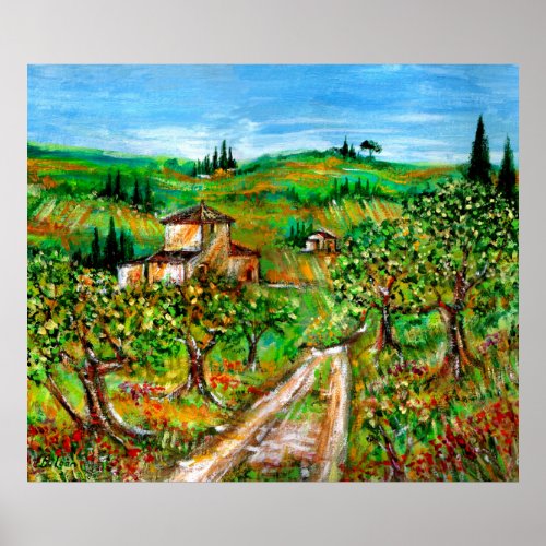 Green Hills And Olive trees Tuscany Landscape Poster