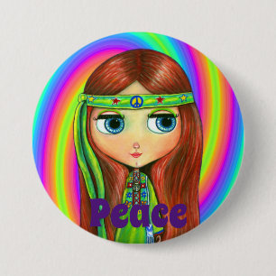 Green Hippie Doll Girl Peace Sign Headband Cute Button