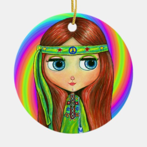 Green Hippie Doll Girl Peace Sign Headband Cute Ceramic Ornament
