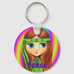 Green Hippie Doll Girl Peace Sign Headband Cute Keychain